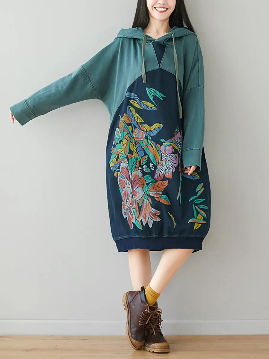 Women Retro Flower Print Colorblock Hooded Sweatshirt Ada Fashion