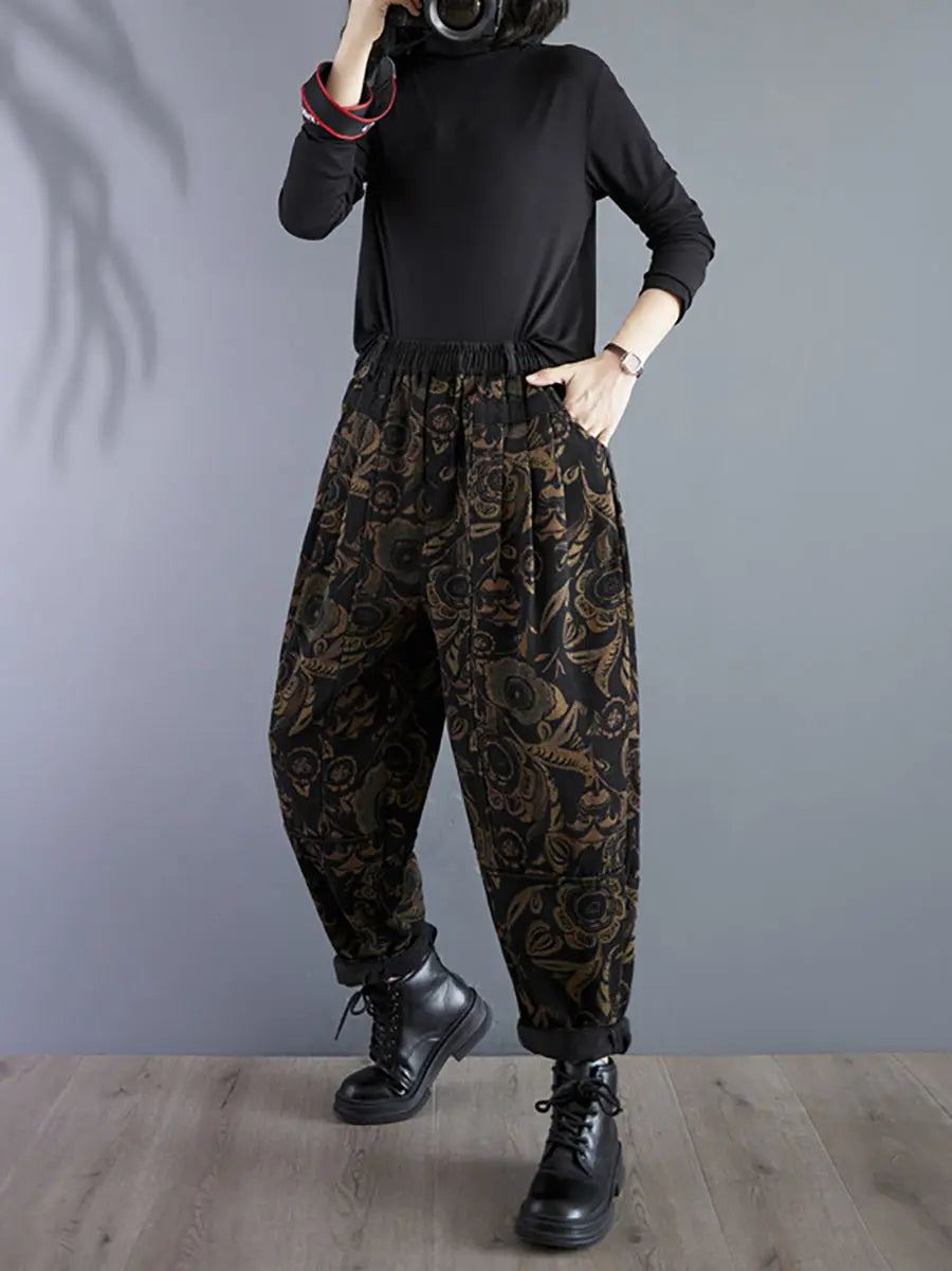 Women Retro Flower Winter Fleece-lined Harem Pants Ada Fashion
