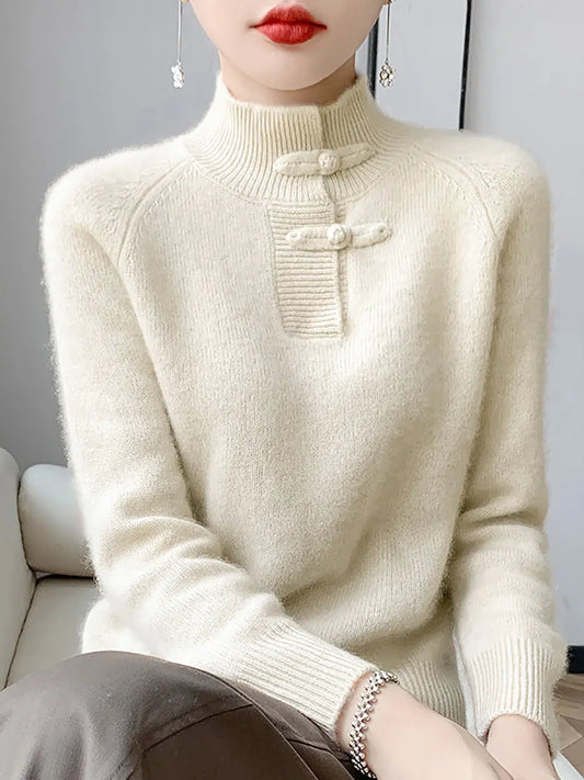 Women Retro Solid Winter Wool Half-Turtleneck Sweater Ada Fashion