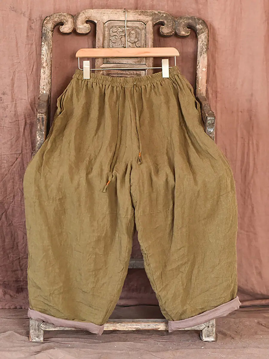 Women Spring Retro Solid Worn Linen Loose Pants Ada Fashion