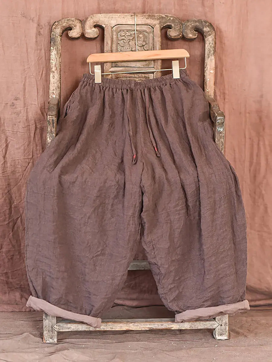 Women Spring Retro Solid Worn Linen Loose Pants Ada Fashion