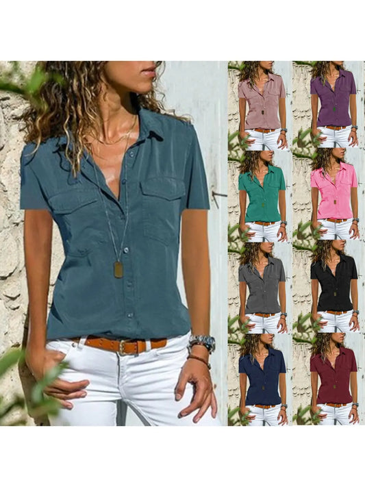 Women Summer Pockets Blouses Casual Short Sleeve Tops  AD309 mysite