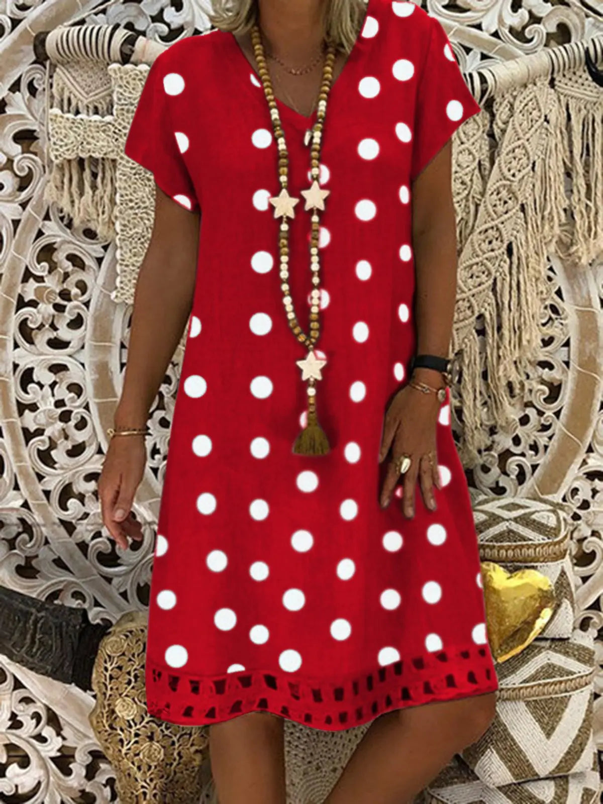 Women V-Neck Short Sleeve Hollow Polka Dot Summer Dress AD656 mysite
