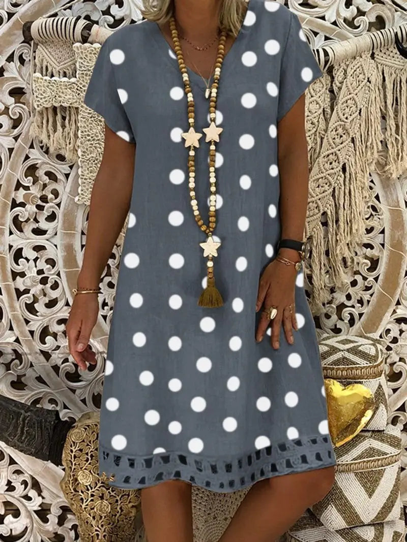 Women V-Neck Short Sleeve Hollow Polka Dot Summer Dress AD656 mysite