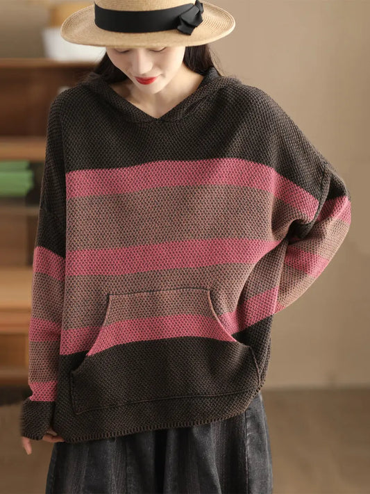 Women Vintage Spliced Knitted Pocket Hooded Sweater Ada Fashion