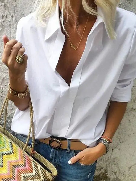 Women White Long Sleeves Collar Solid Casual Shirts AD452 adawholesale