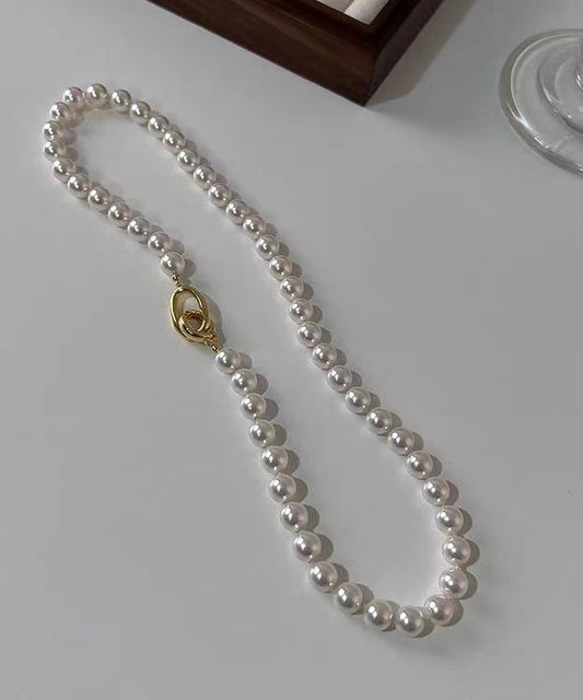 Women White Sterling Silver Overgild Pearl Beading Gratuated Bead Necklace GH1021