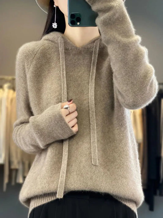 Women Winter Casual Solid Hooded Wool Sweater Ada Fashion