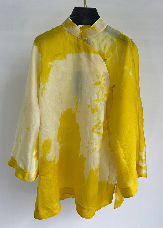 Women Yellow Stand Collar Button Cotton Shirt Long Sleeve Ada Fashion