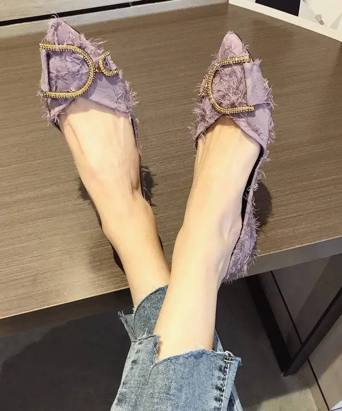 Women Zircon Splicing Pointed Toe Flat Shoes Purple Cotton Fabric Ada Fashion