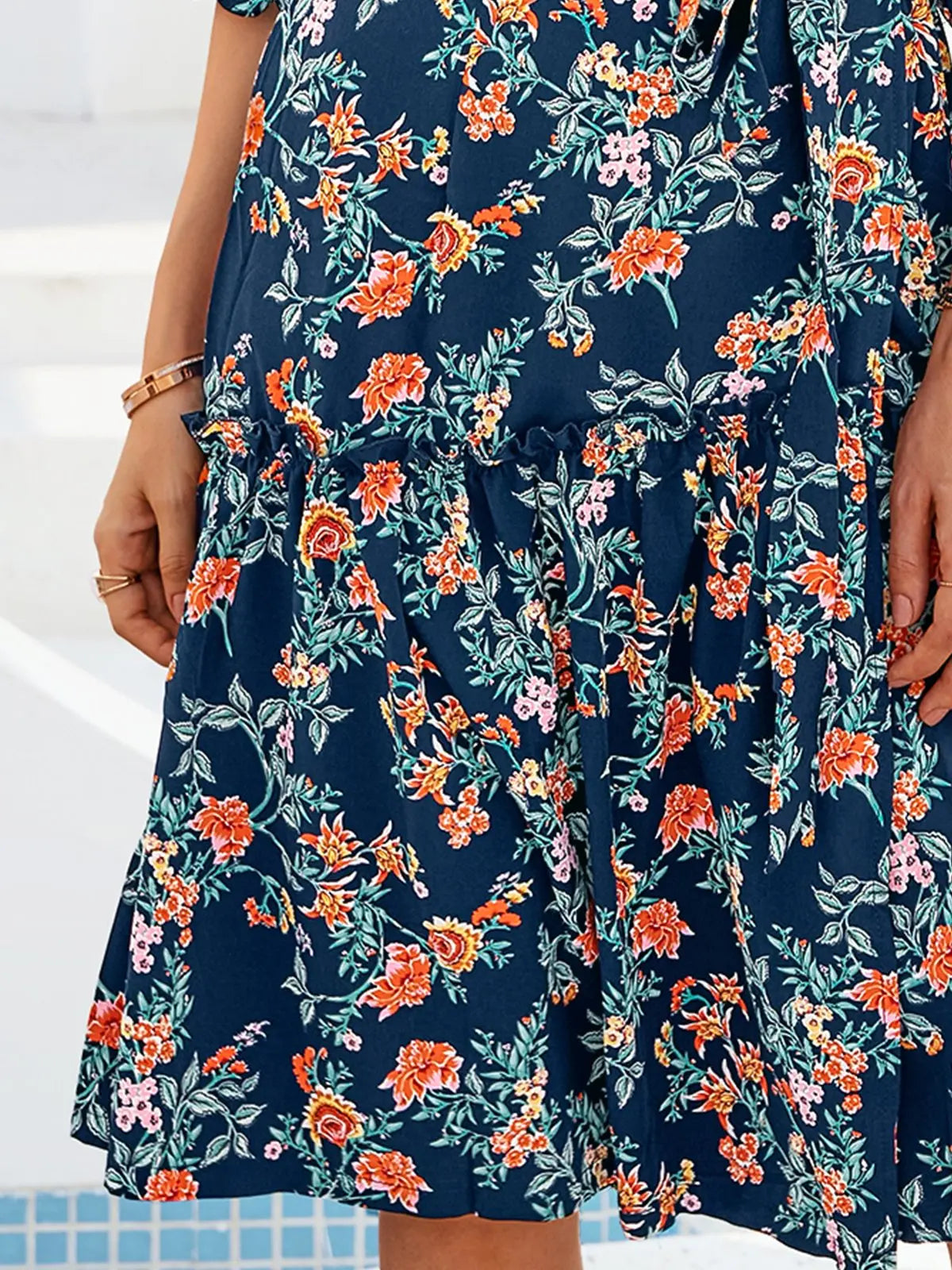 Women's Five-point Sleeve High Waist Mid-length Over-the-knee Thin Printed Dress mysite