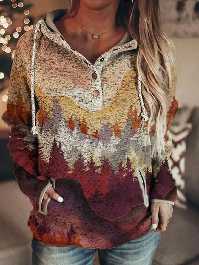 Women's autumn and winter long mountain print casual pocket hooded sweatshirt AD280 adawholesale