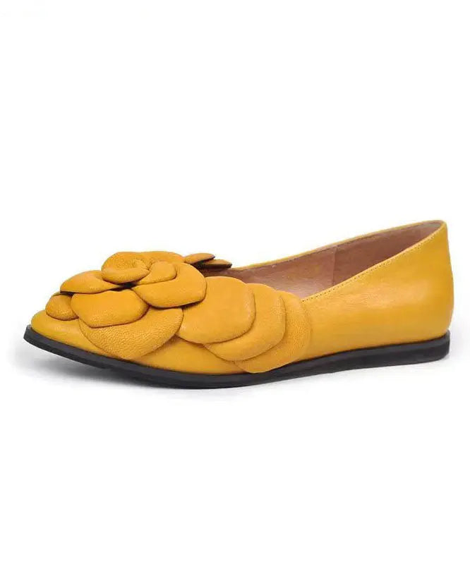 Yellow Floral Cowhide Leather Women Splicing Flat Feet Shoes Ada Fashion