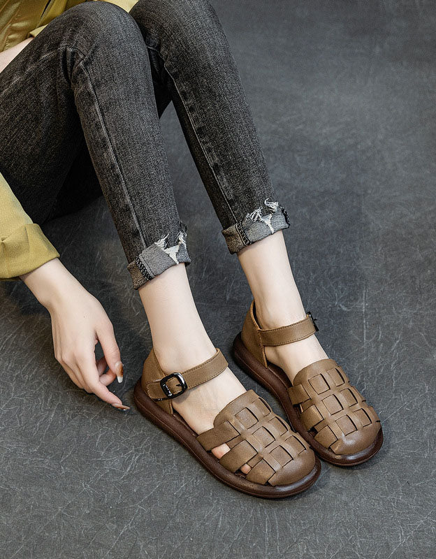Round Toe Soft Leather Flat Sandals Ada Fashion