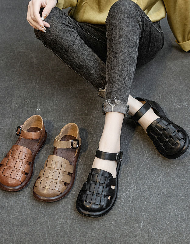 Round Toe Soft Leather Flat Sandals Ada Fashion