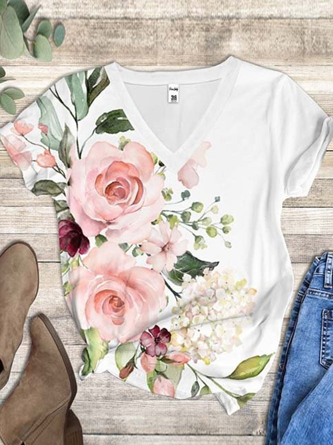 White & Pink Floral V-Neck Tee OY71
