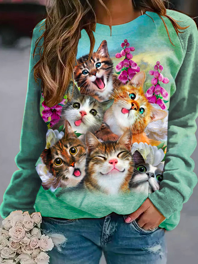 Casual Cat Crew Neck Loose Floral Sweatshirt ZY163