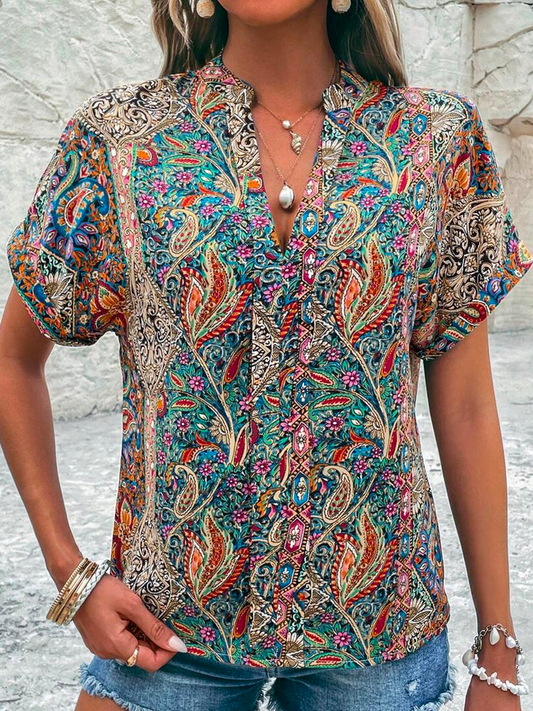 Loose V Neck Ethnic Casual Paisley Print Batwing Sleeve Blouse  WS77