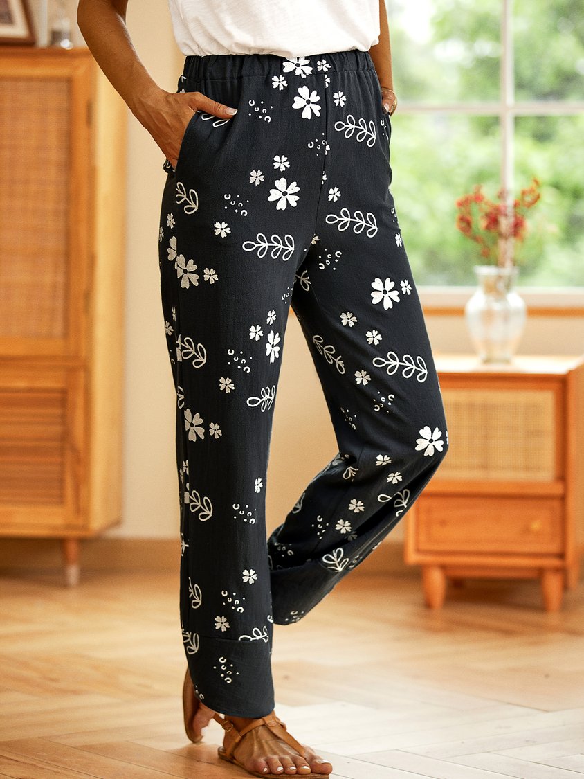 Casual Floral Printed Pockets Women All Season Pants QAE52