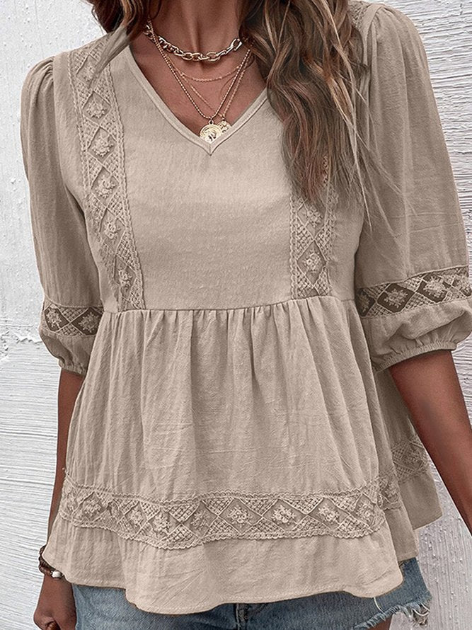 V Neck Casual Lace Loose Cotton Top OY110