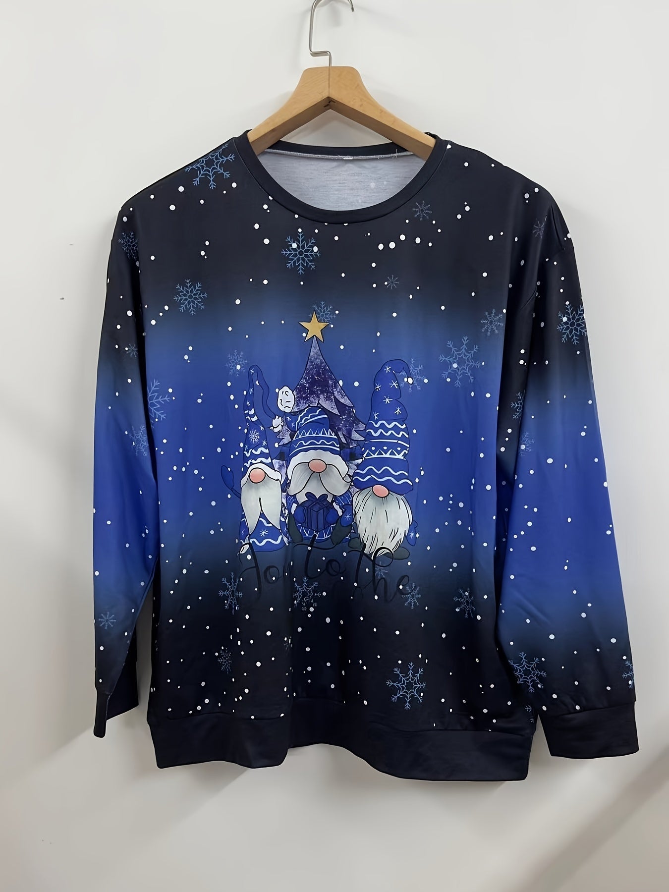 Plus Size Christmas Casual Sweatshirt, Women's Plus Snowflake & Gnomes Print Long Sleeve Round Neck Medium Stretch Pullover Top Ada Fashion