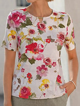 Load image into Gallery viewer, Floral Short Sleeve Cut-Outs Notched Casual T-Shirt TE100033
