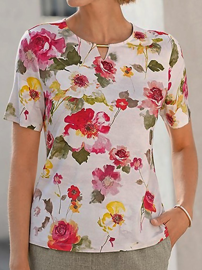 Floral Short Sleeve Cut-Outs Notched Casual T-Shirt TE100033