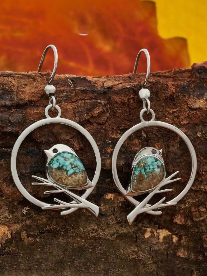 Ethnic Style Silver Metal Turquoise Bird Shape Earrings Vintage Women's Jewelry CC8