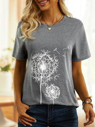 Dandelion Print Cotton-Blend Short Sleeve Casual T-Shirt QAE29
