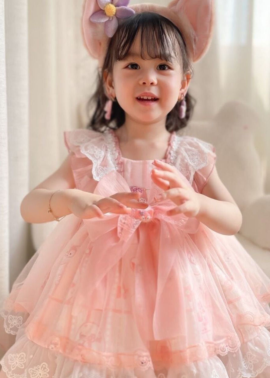 Unique Pink Ruffled Lace Cartoon Print Tulle Baby Girls Princess Dress Summer GR035