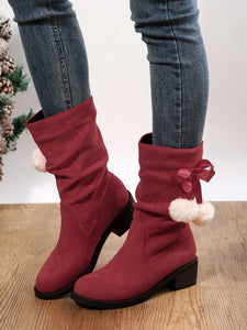 Christmas Pompom Decor Plus Size Faux Suede Slouchy Boots PJ50