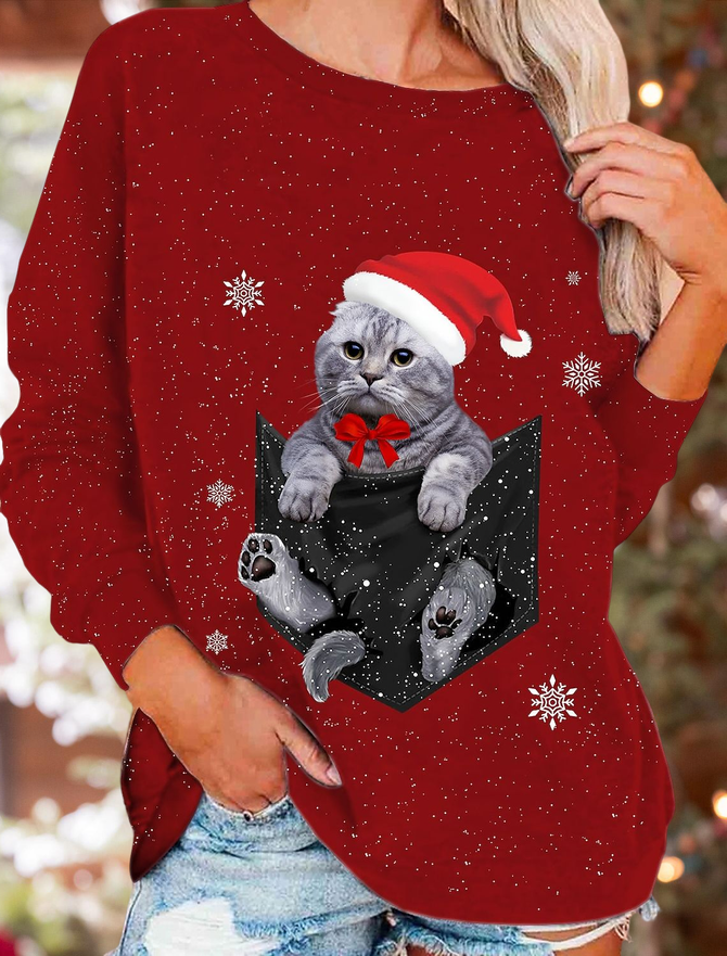 Women Christmas Cute Funny Cat Crew Neck Sweatshirt Top PJ31