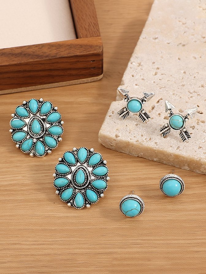 3Pcs Ethnic Style Vintage Natural Turquoise Earring Set Holiday Beach Daily Jewelry MMi32