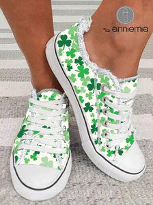 St Patricks Day Women&#x27;s Casual Shamrock Printing Lace-Up Canvas Shoes CN17