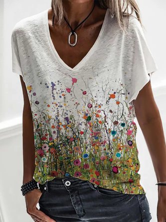 Women Casual Floral Summer V neck Daily Loose Short sleeve H-Line Regular Size T-shirt QAL28