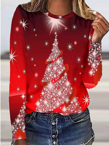 Women's Red Long Sleeve Tunic Tops Christmas Tree Printed PJ2