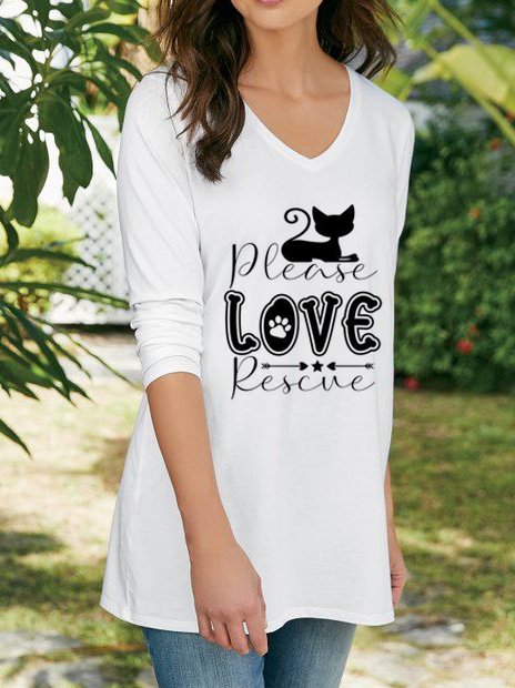 Love Cat Casual Loose V Neck T-Shirt OY14