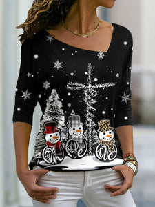 Women's Black long sleeve Tee Snowman Christmas Tree Printed PJ14