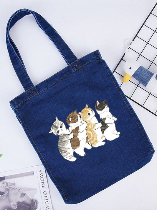 Casual Blue Denim Cat Pattern Tote Shoulder Bag Women YY5