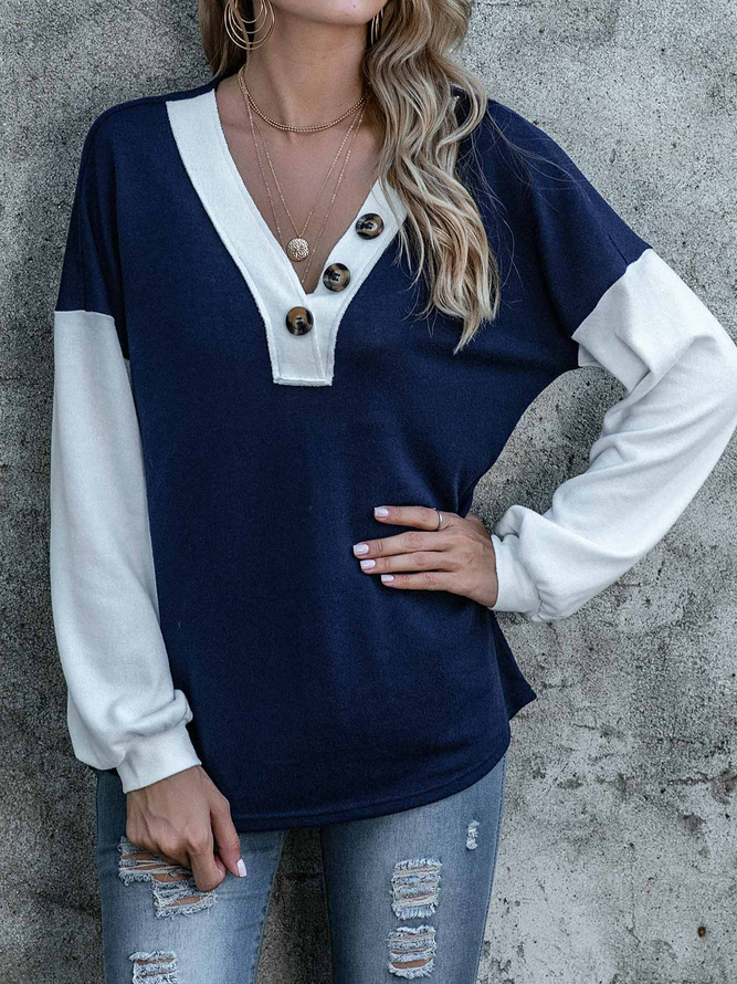 Knitted Casual Color-block V-neck Sweater ZC2