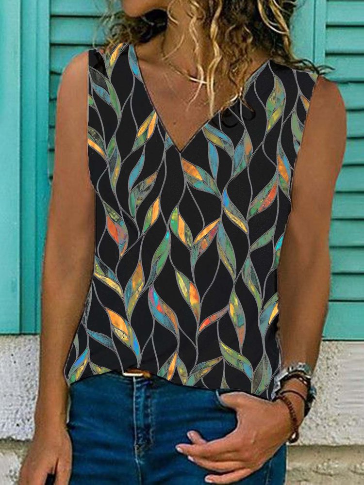 V Neck Leaves Vacation Top  WU75