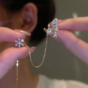 Butterfly flower ear clip one-piece tassel earrings
