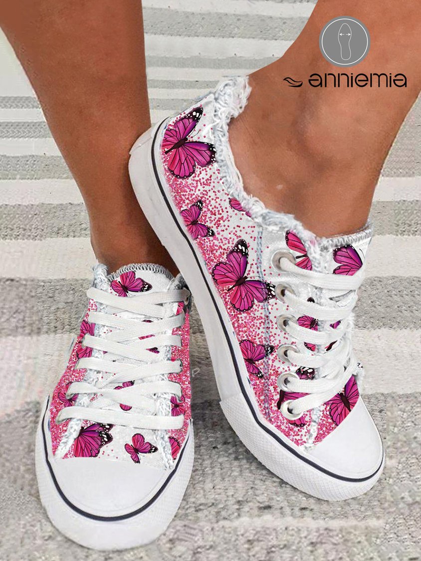 Pink Butterfly Pattern Casual Flats Canvas Shoes CN43
