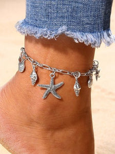 Bohemian Style Silver Seashell Starfish Pattern Anklet Holiday Dress Women&#x27;s Jewelry CN21