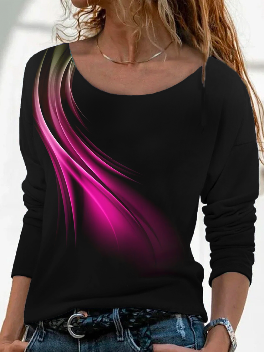 Casual Abstract Autumn Micro-Elasticity Jersey Long sleeve Crew Neck Regular H-Line T-shirt for Women QAL38
