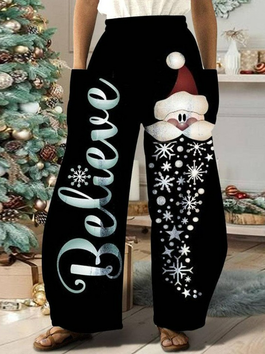 Women&#x27;s Loose Casual Pants Christmas Letters and Santa Claus Printed  WK83