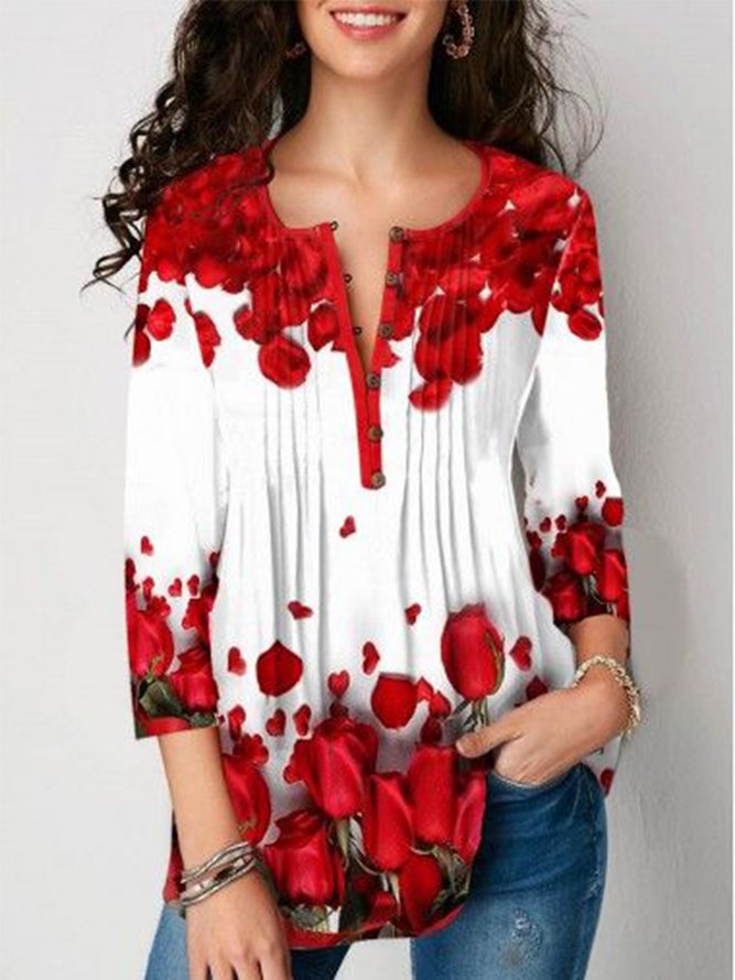 Floral V Neck Casual Regular Fit Buttoned Top PH51