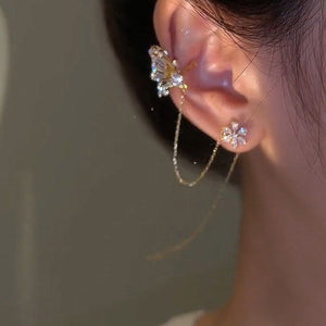 Butterfly flower ear clip one-piece tassel earrings