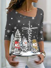 Load image into Gallery viewer, Women&#39;s Black long sleeve Tee Snowman Christmas Tree Printed PJ14
