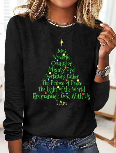 Women's T shirt Tee Black Christmas Tree Text Print Long Sleeve Christmas Crew Neck T-Shirt PJ17
